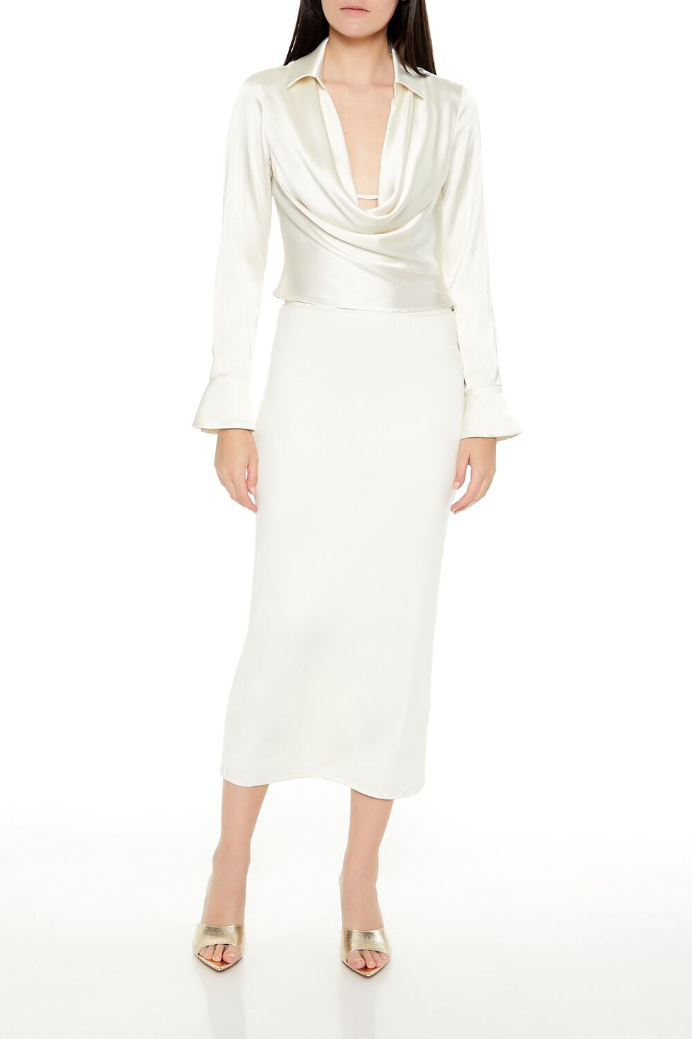Satin Cowl Neck Long-Sleeve Top