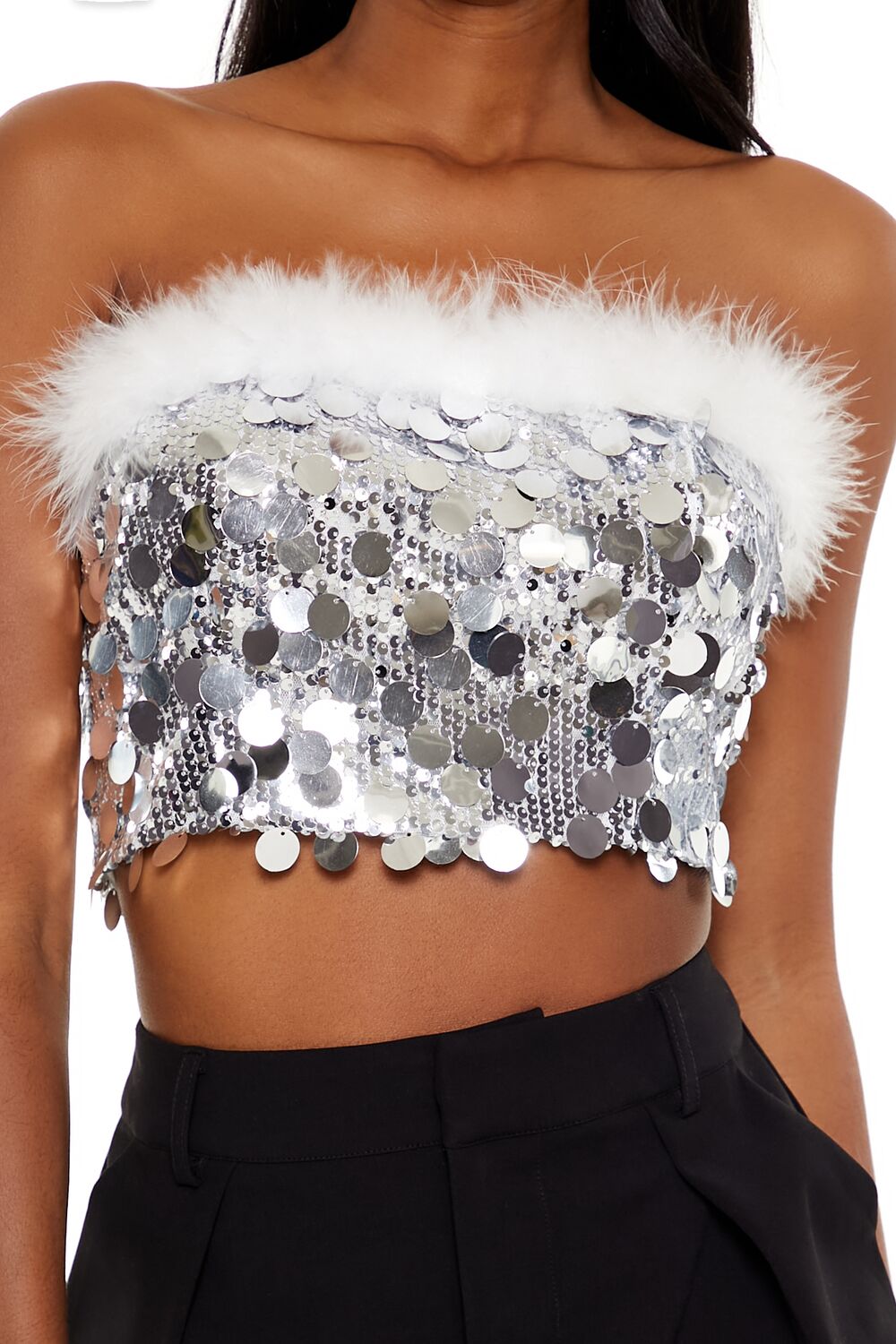 Sequin Faux Feather-Trim Tube Top