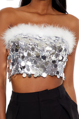 Sequin Faux Feather-Trim Tube Top