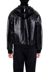 Hooded Faux Leather Bomber Jacket
