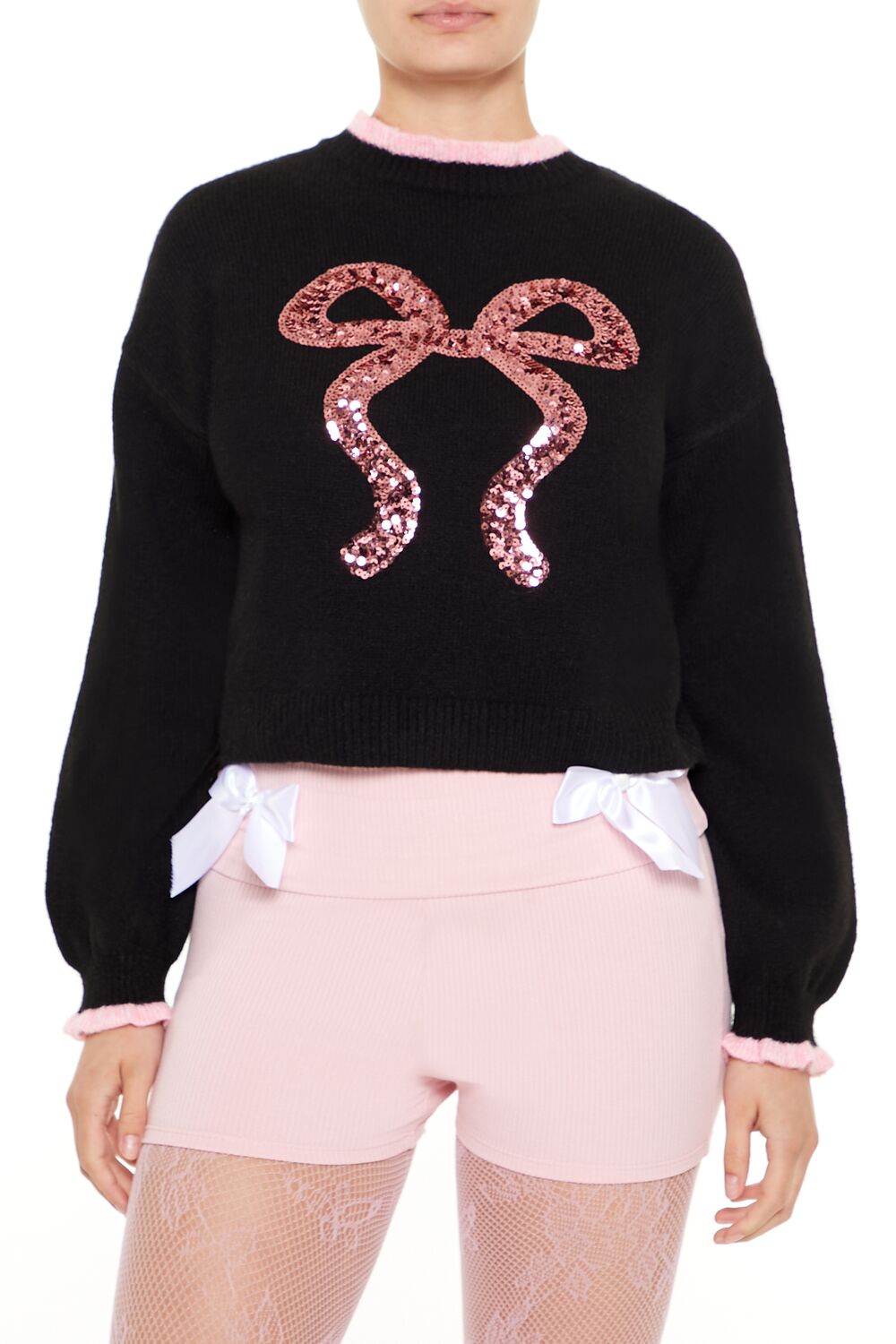 Sequin Bow Mock Neck Sweater