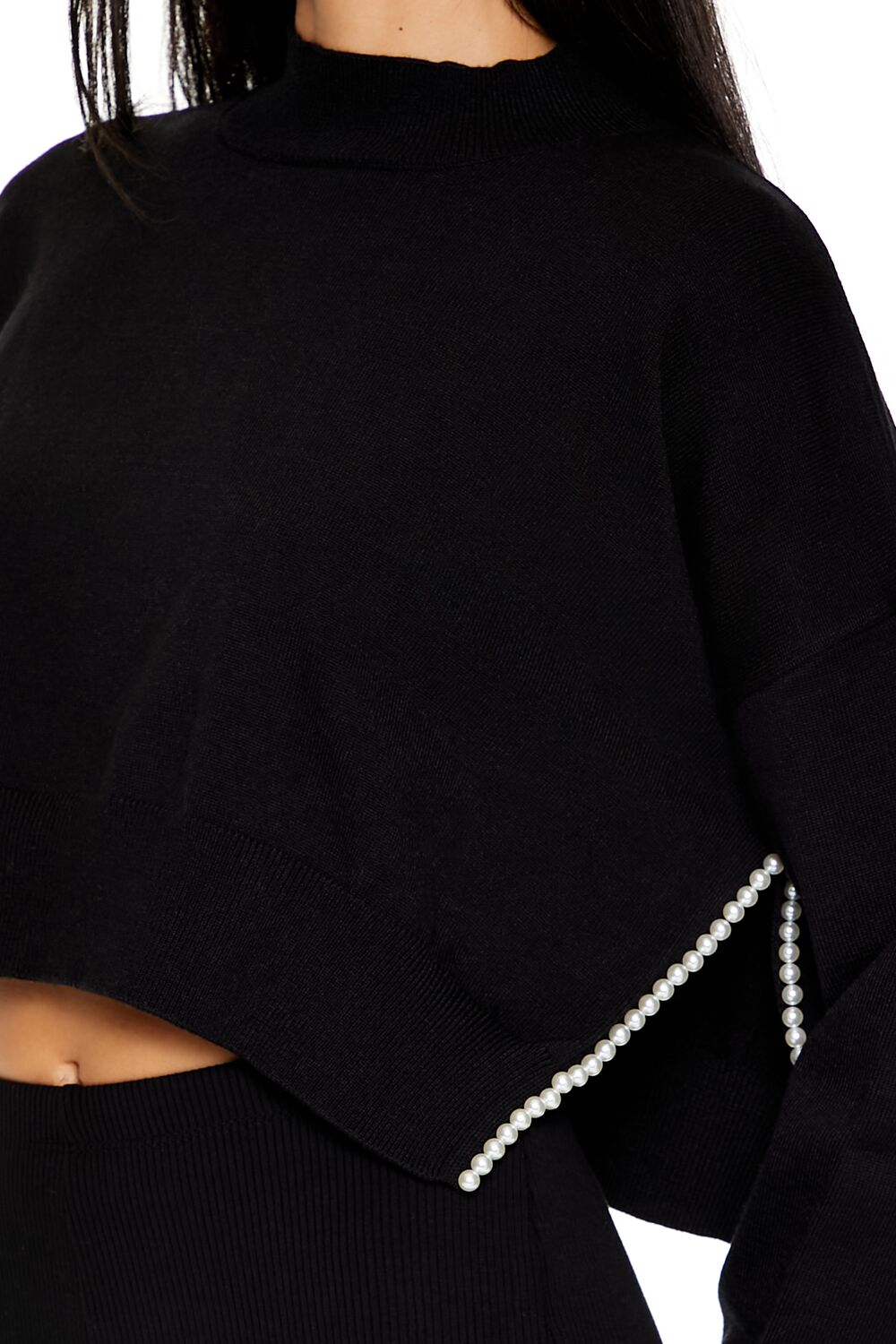 Faux Pearl-Trim Cropped Sweater