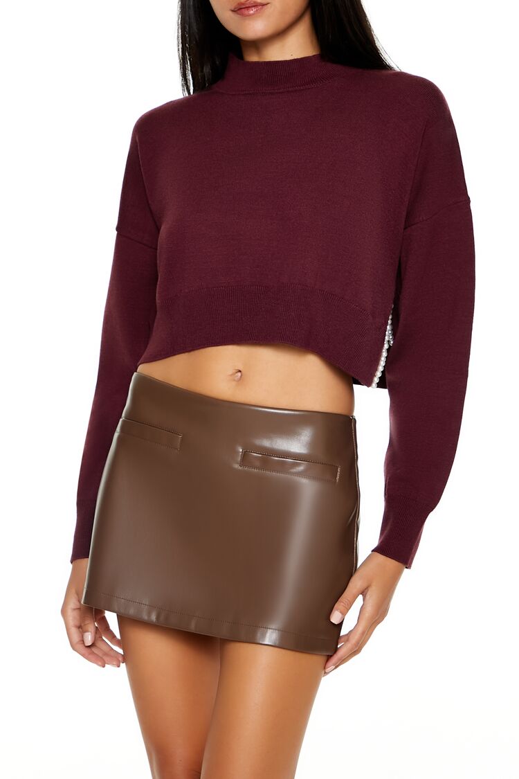 Faux Pearl-Trim Cropped Sweater