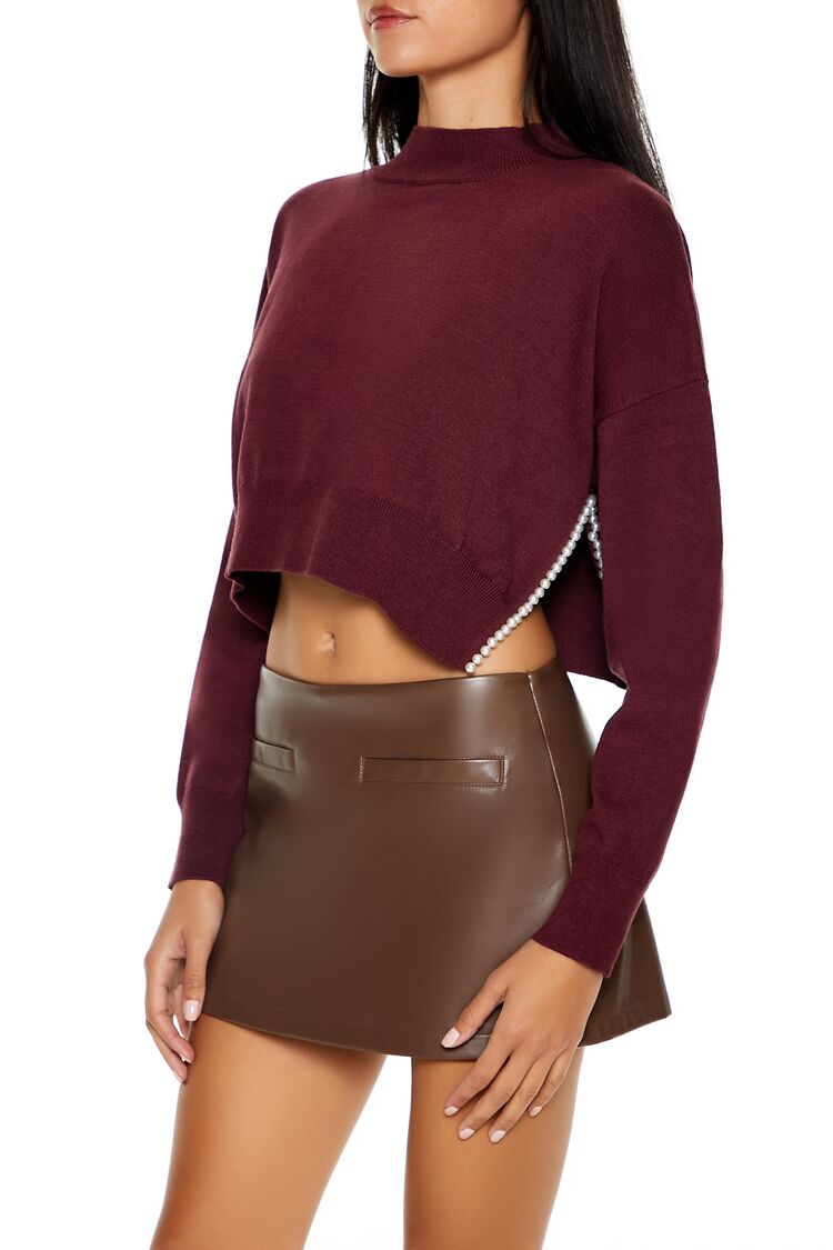 Faux Pearl-Trim Cropped Sweater