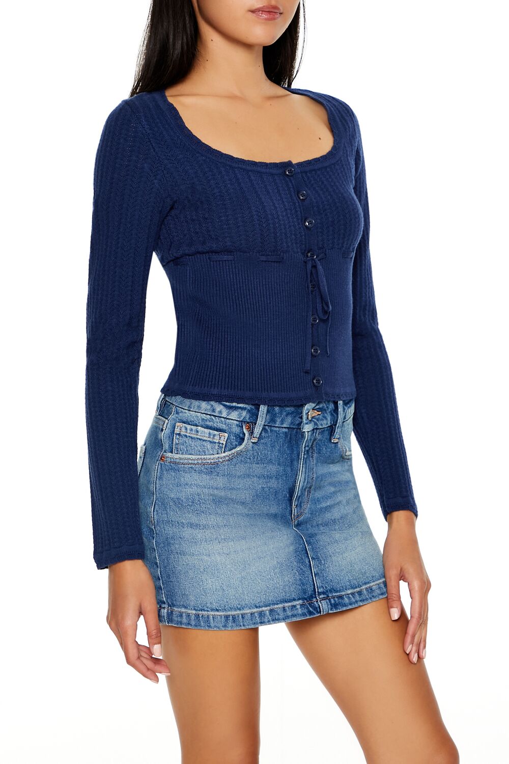 Tie-Front Pointelle Knit Sweater