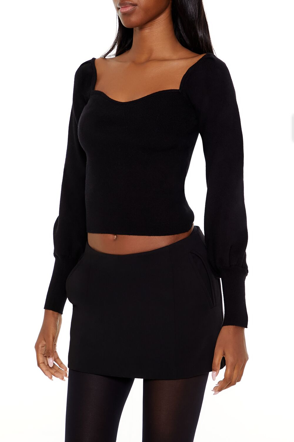 Gigot-Sleeve Sweater-Knit Crop Top