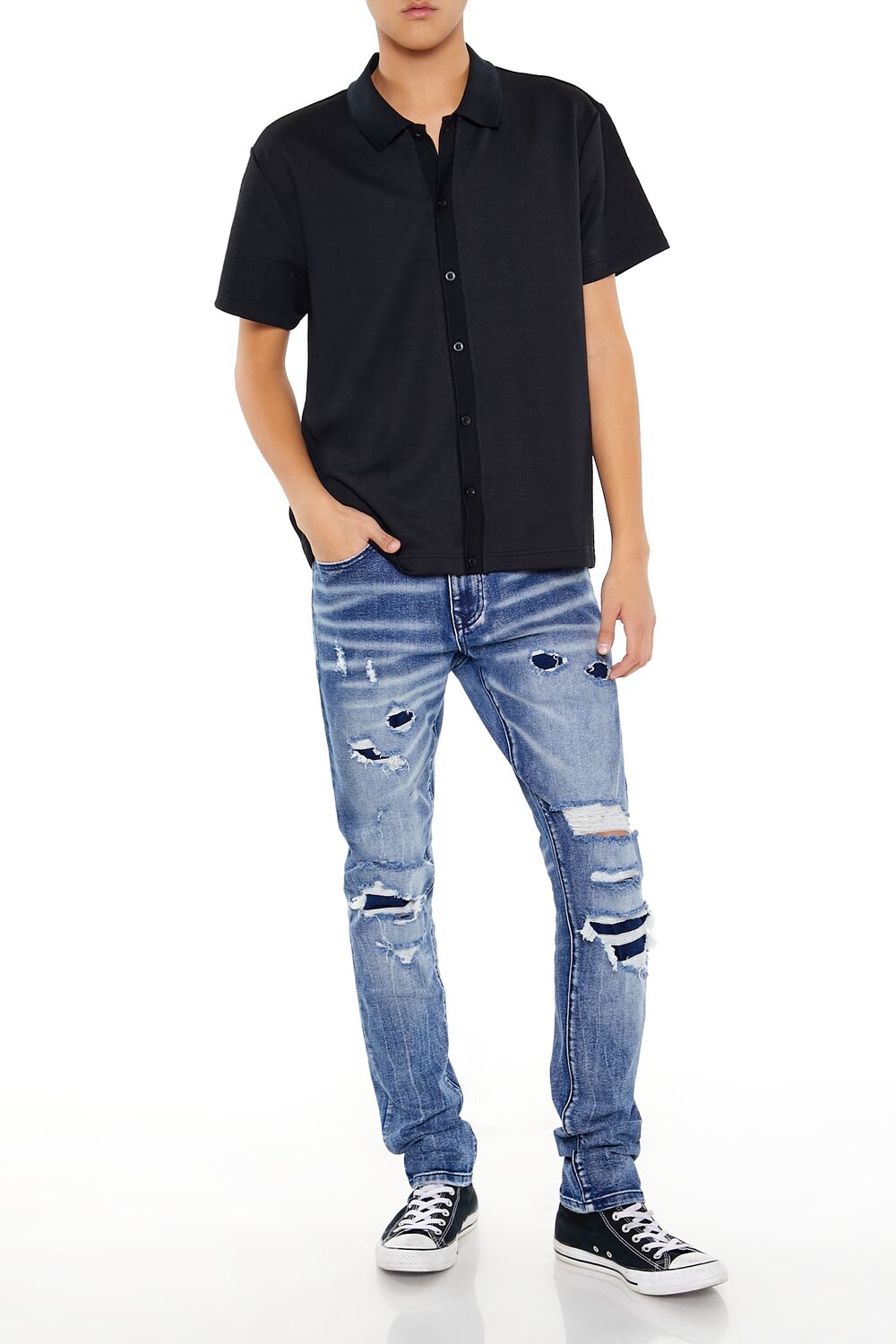 Textured Rib-Knit Button-Front Shirt