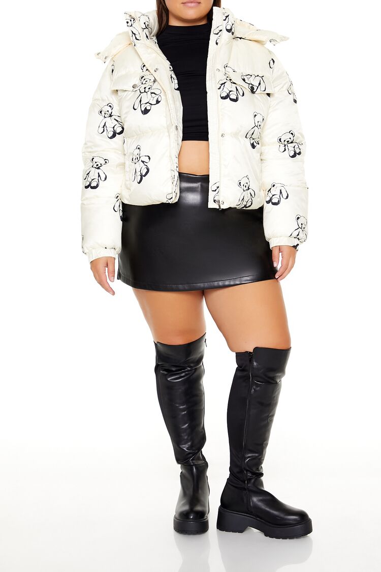 Plus Size Teddy Bear Print Puffer Jacket