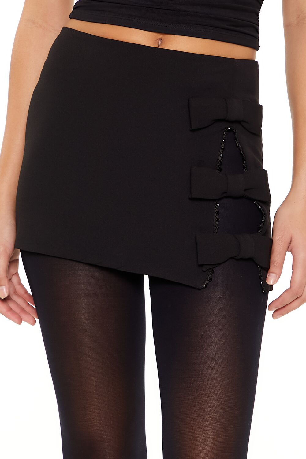 Rhinestone Bow Slit Mini Skirt