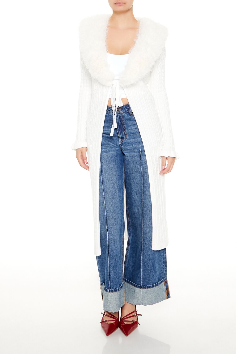 Faux Fur-Trim Longline Cardigan Sweater