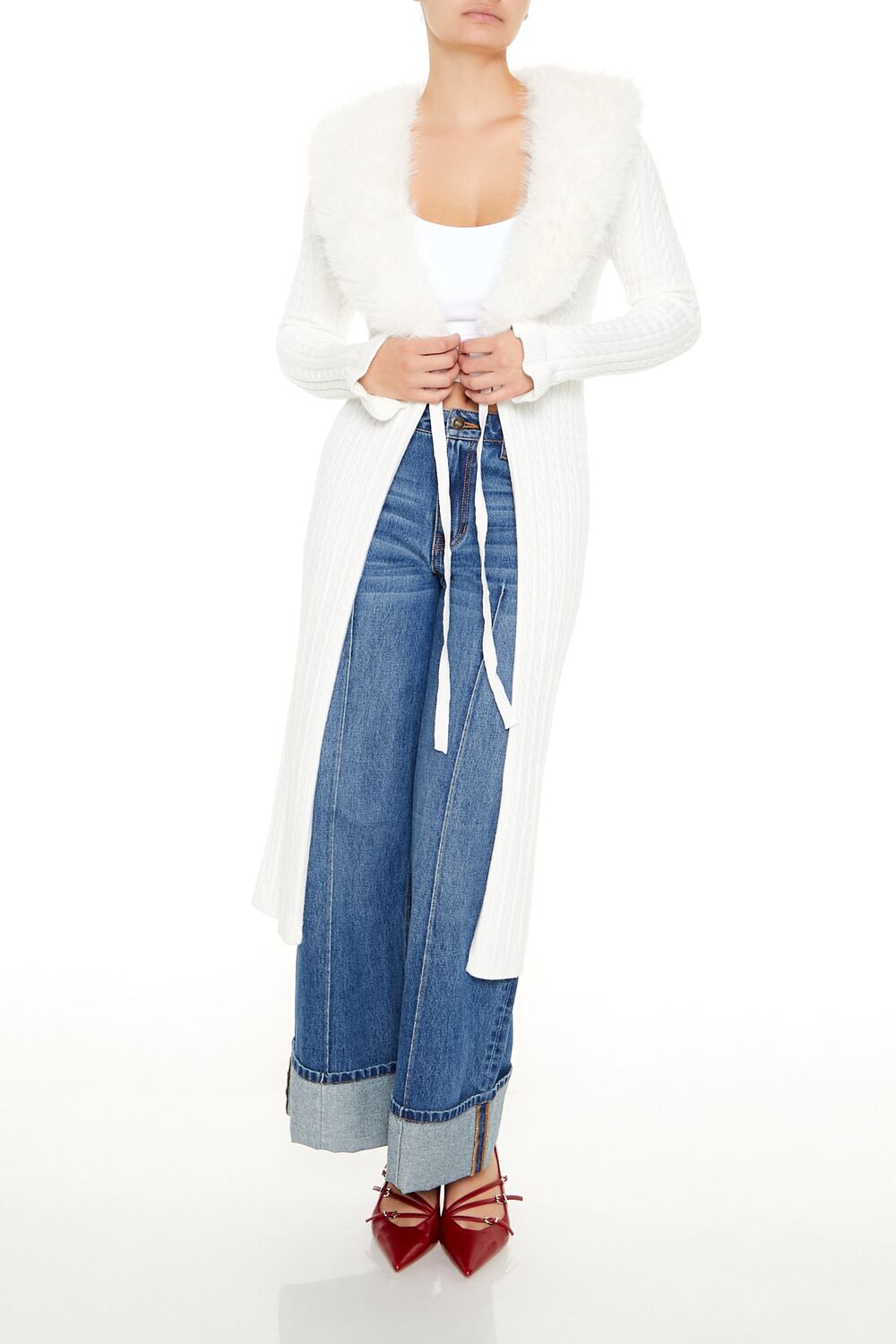 Faux Fur-Trim Longline Cardigan Sweater