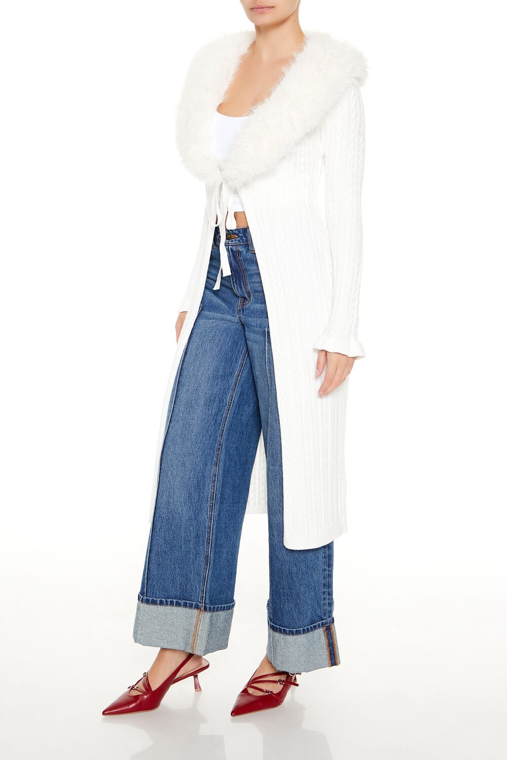 Faux Fur-Trim Longline Cardigan Sweater
