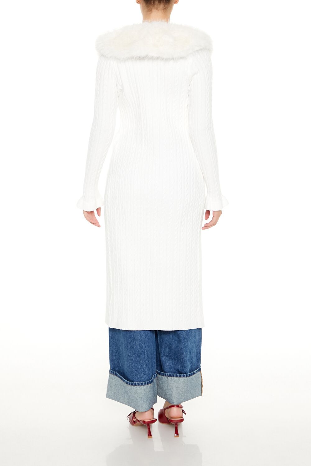 Faux Fur-Trim Longline Cardigan Sweater
