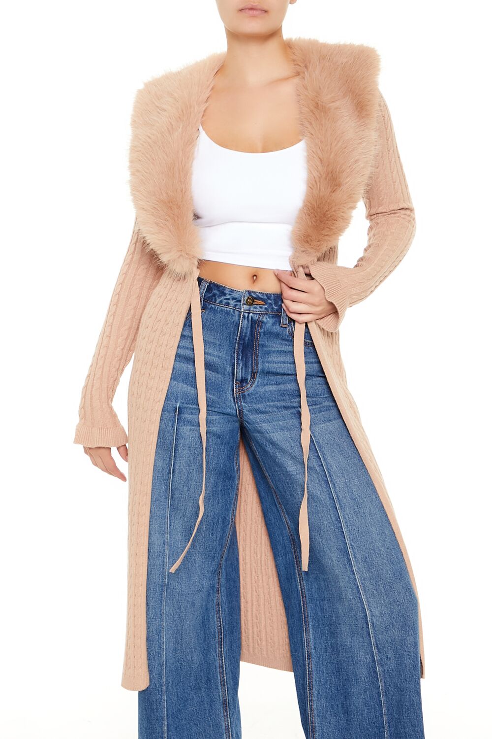 Faux Fur-Trim Longline Cardigan Sweater