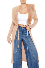 Faux Fur-Trim Longline Cardigan Sweater
