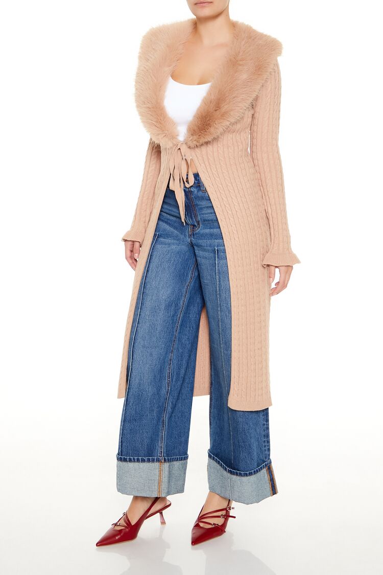 Faux Fur-Trim Longline Cardigan Sweater