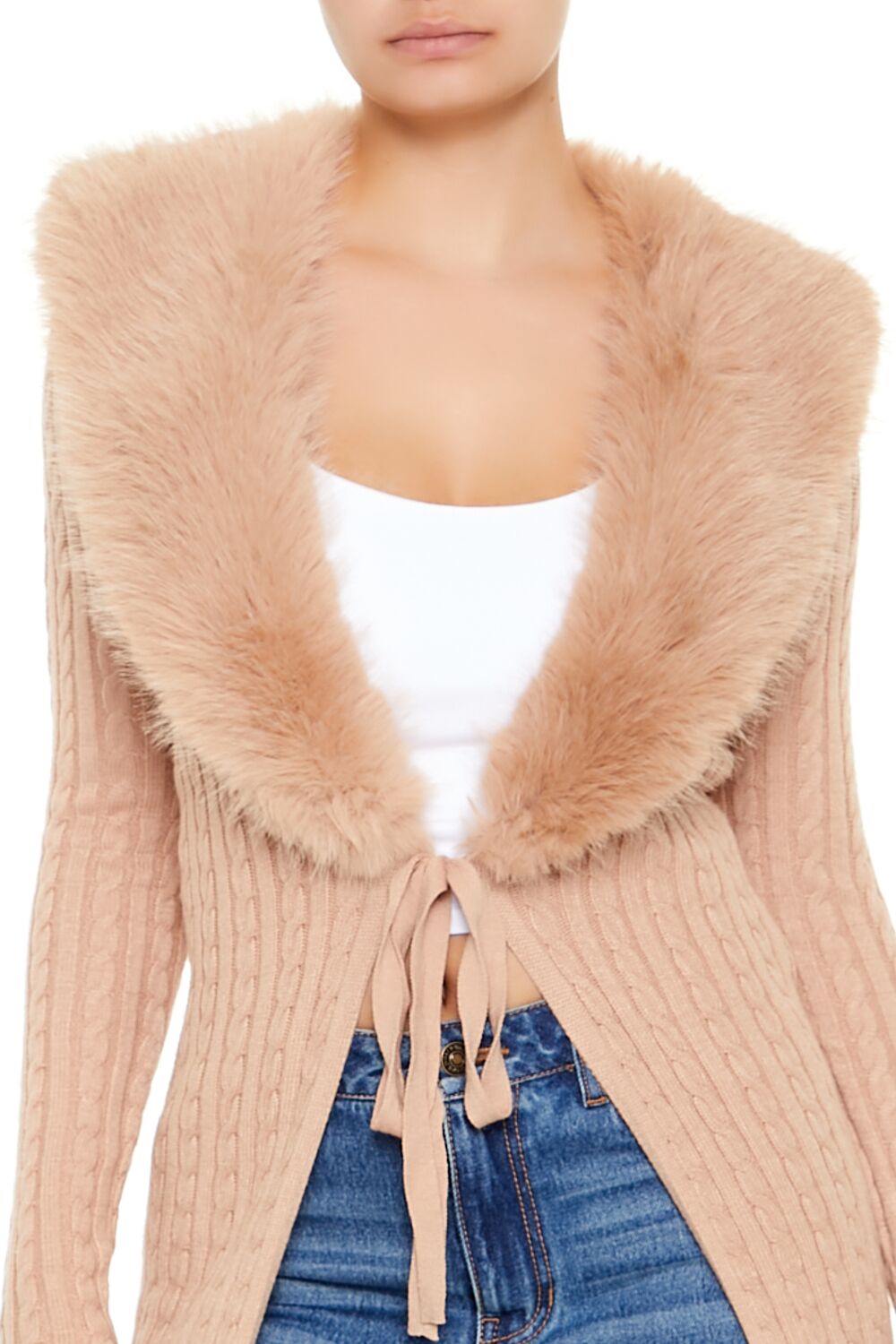 Faux Fur-Trim Longline Cardigan Sweater