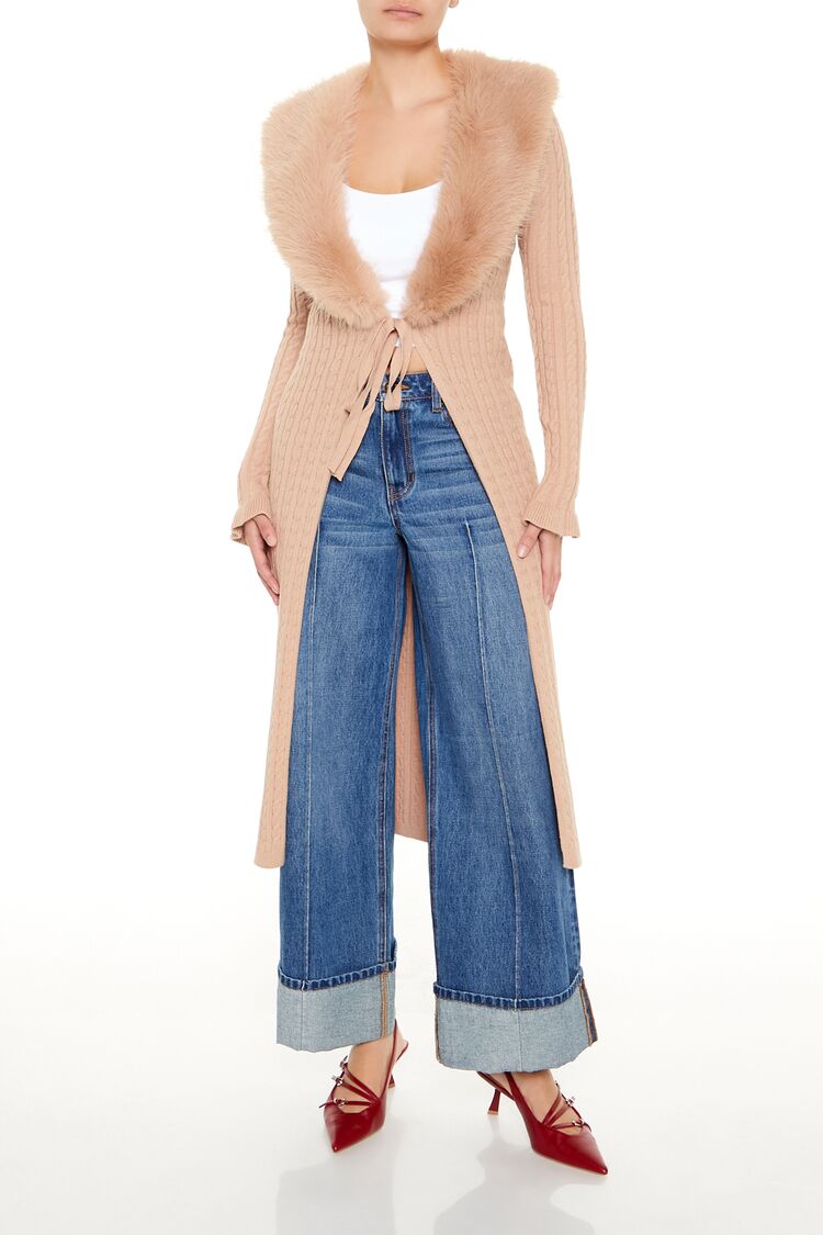 Faux Fur-Trim Longline Cardigan Sweater