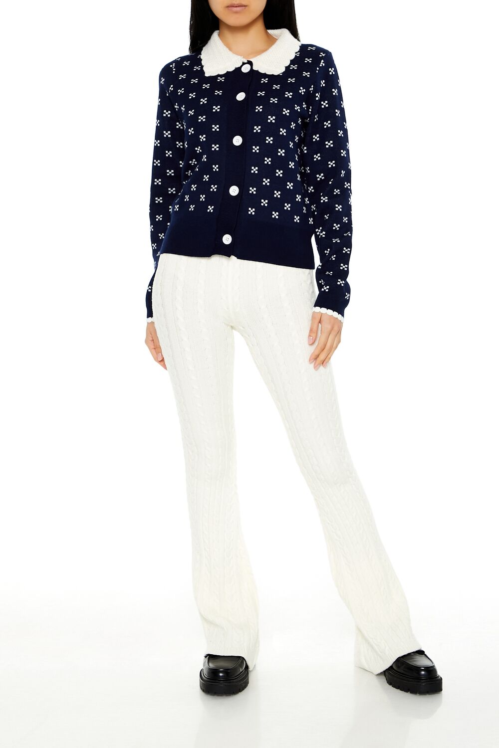 Contrast-Collar Geometric Cardigan Sweater