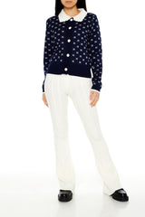 Contrast-Collar Geometric Cardigan Sweater