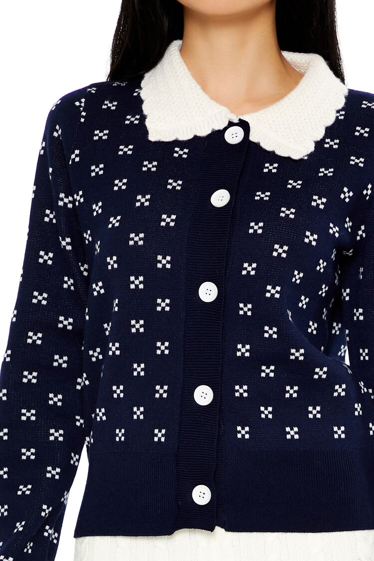 Contrast-Collar Geometric Cardigan Sweater
