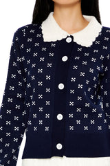 Contrast-Collar Geometric Cardigan Sweater