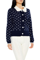 Contrast-Collar Geometric Cardigan Sweater