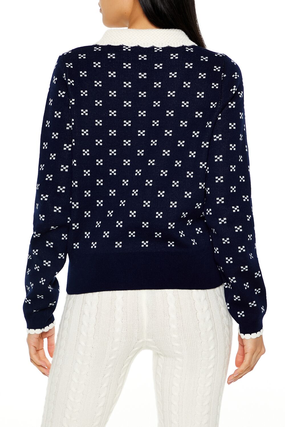 Contrast-Collar Geometric Cardigan Sweater