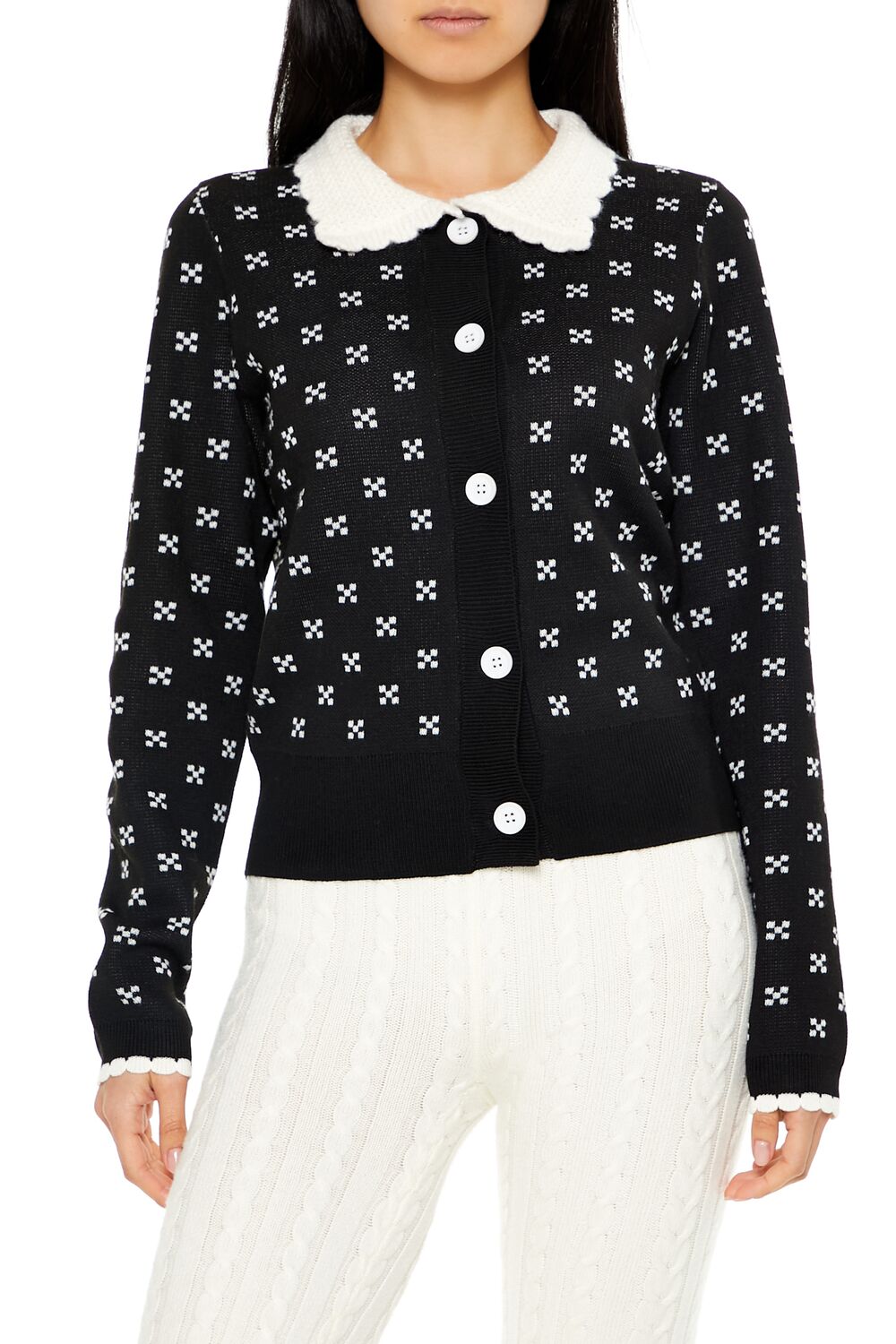 Contrast-Collar Geometric Cardigan Sweater