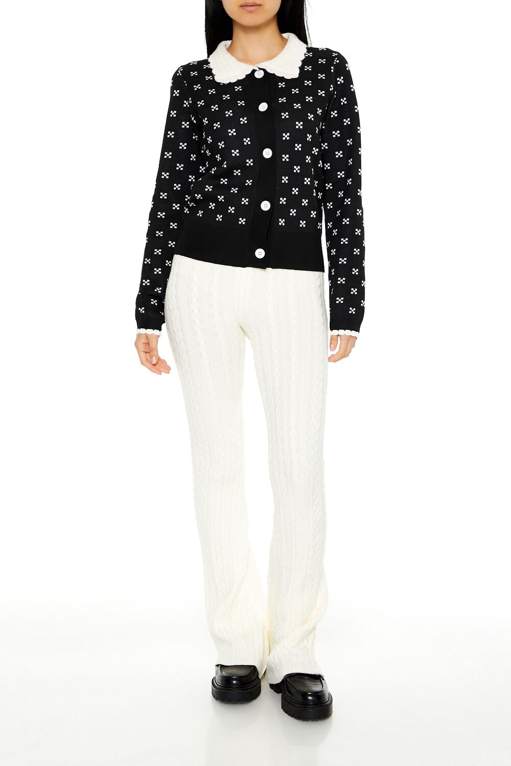 Contrast-Collar Geometric Cardigan Sweater