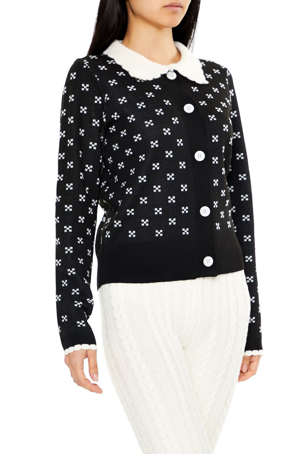 Contrast-Collar Geometric Cardigan Sweater