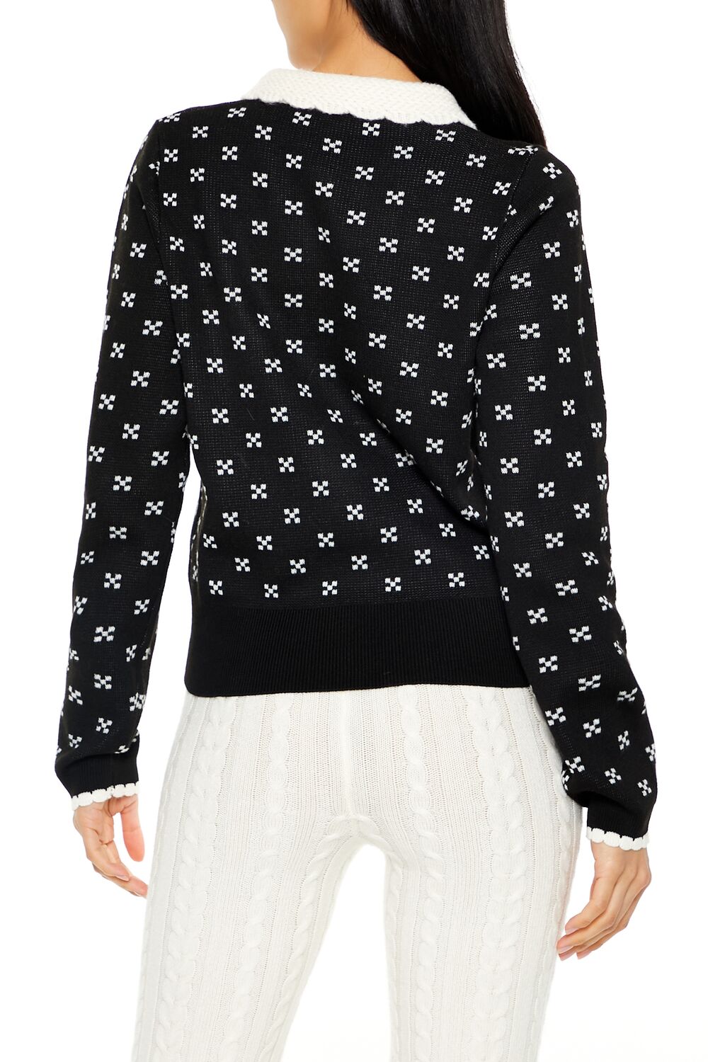 Contrast-Collar Geometric Cardigan Sweater