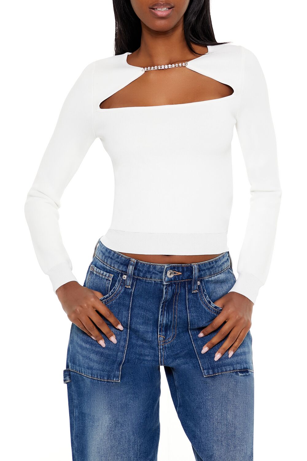 Faux Gem Cutout Sweater