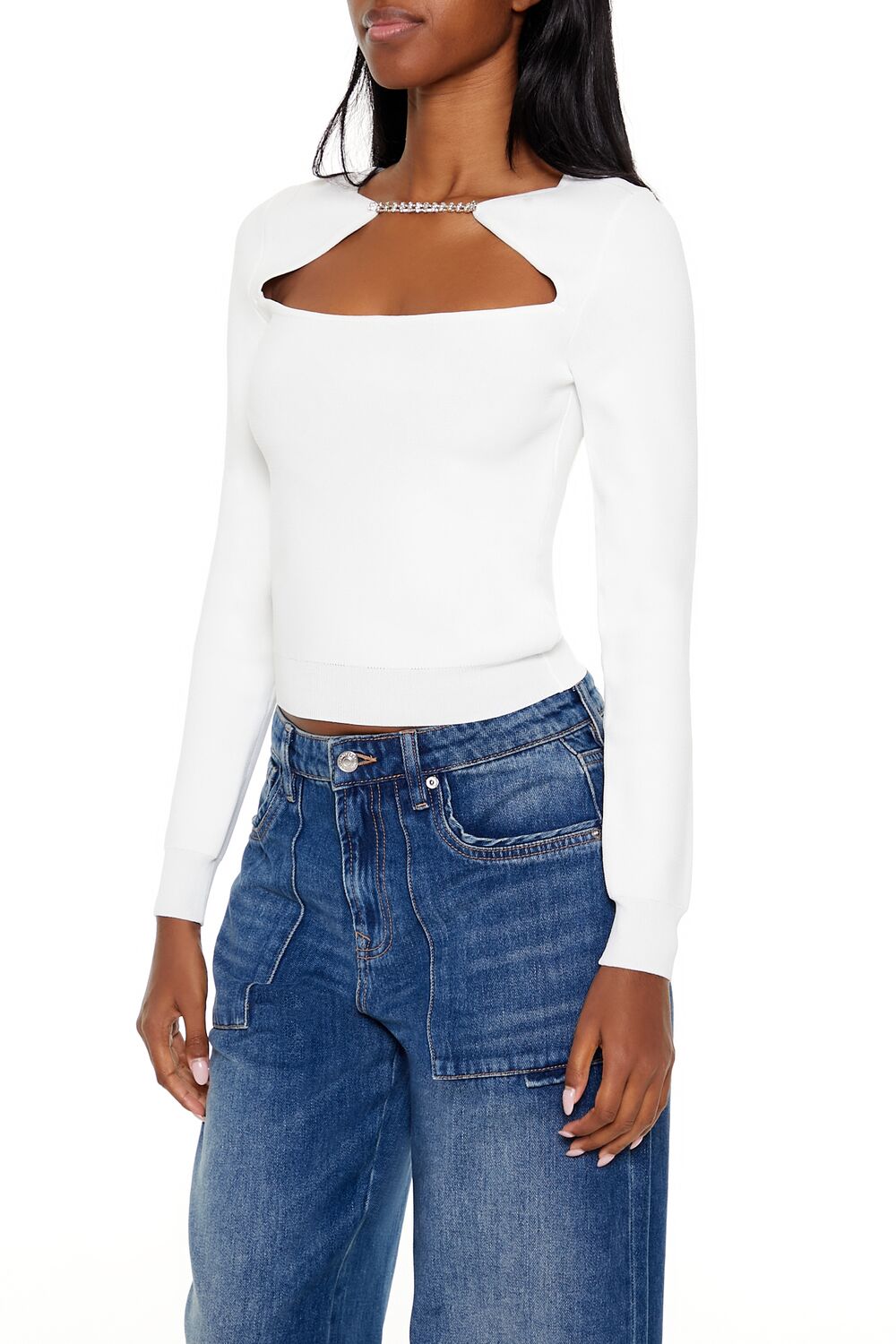 Faux Gem Cutout Sweater