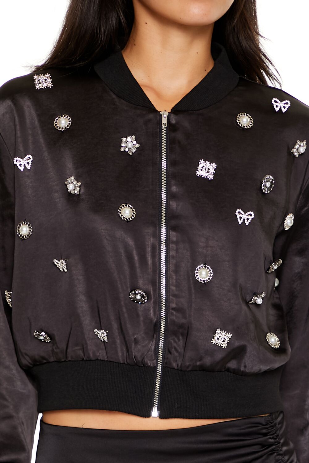 Rhinestone Charm Bomber Jacket