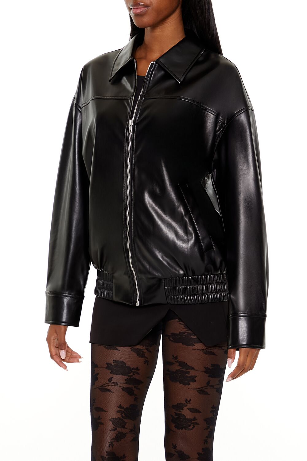 Faux Leather Zip-Up Bomber Jacket