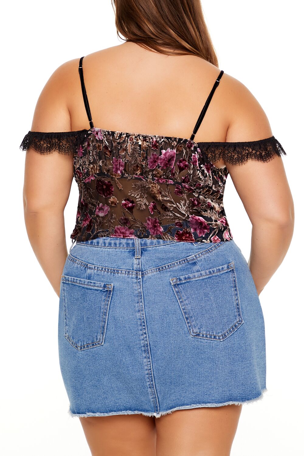 Plus Size Eyelash Lace-Trim Floral Crop Top