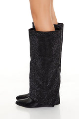 Rhinestone Knee-High Wedge Boots