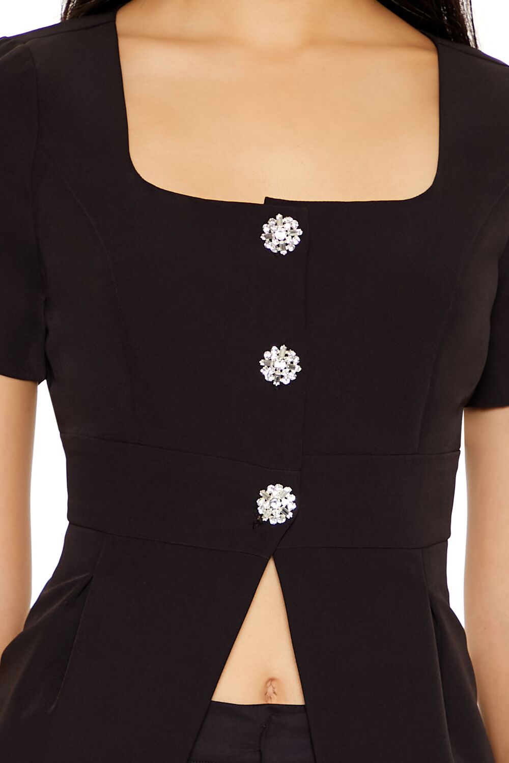 Tweed Floral Button Split-Hem Top