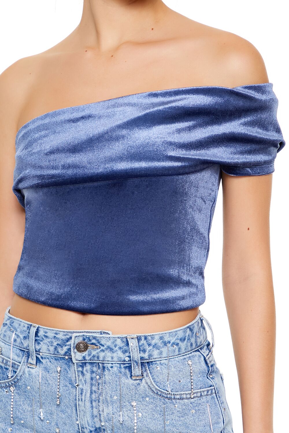 Velvet One-Shoulder Crop Top