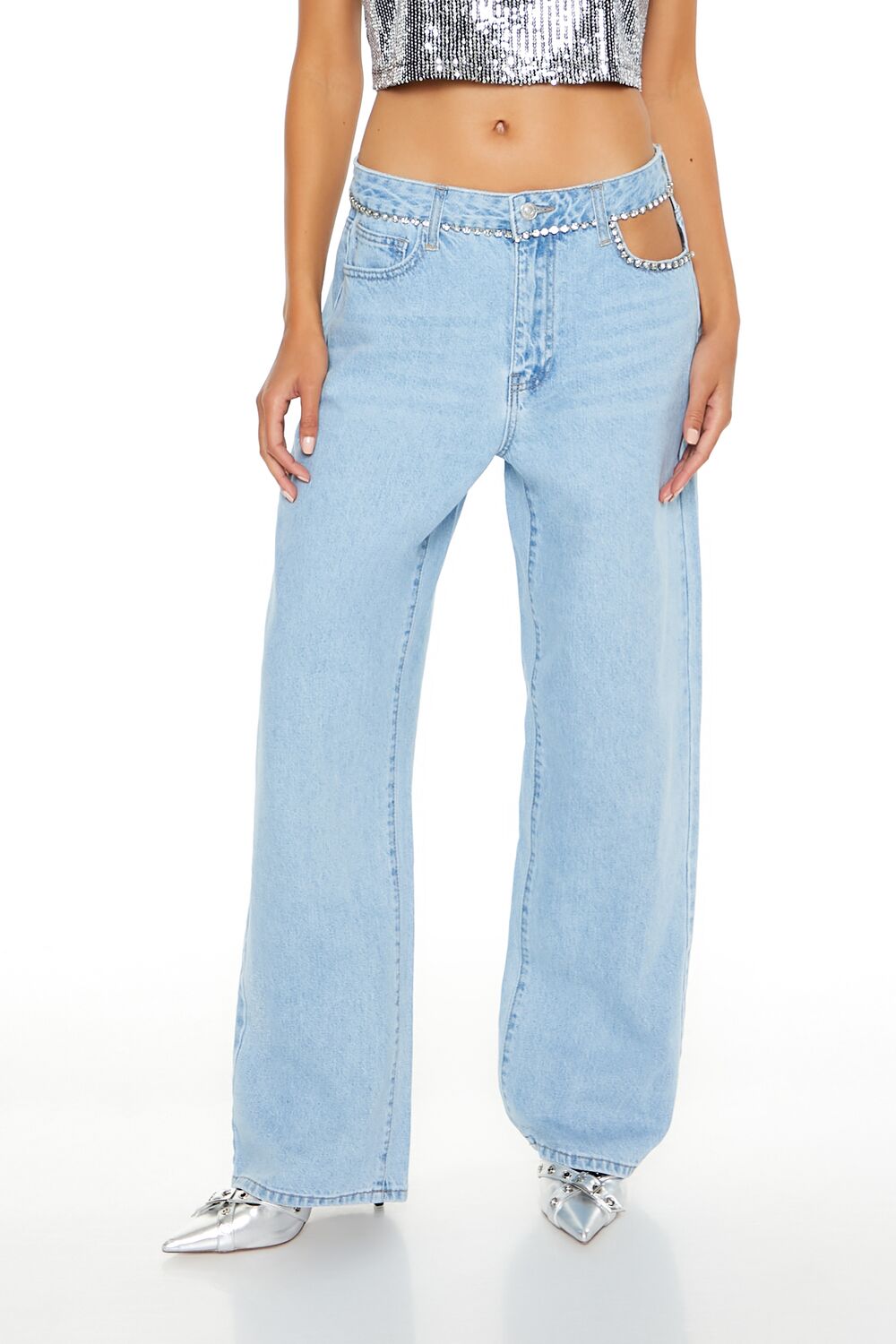 Faux Gem-Trim High-Rise Jeans