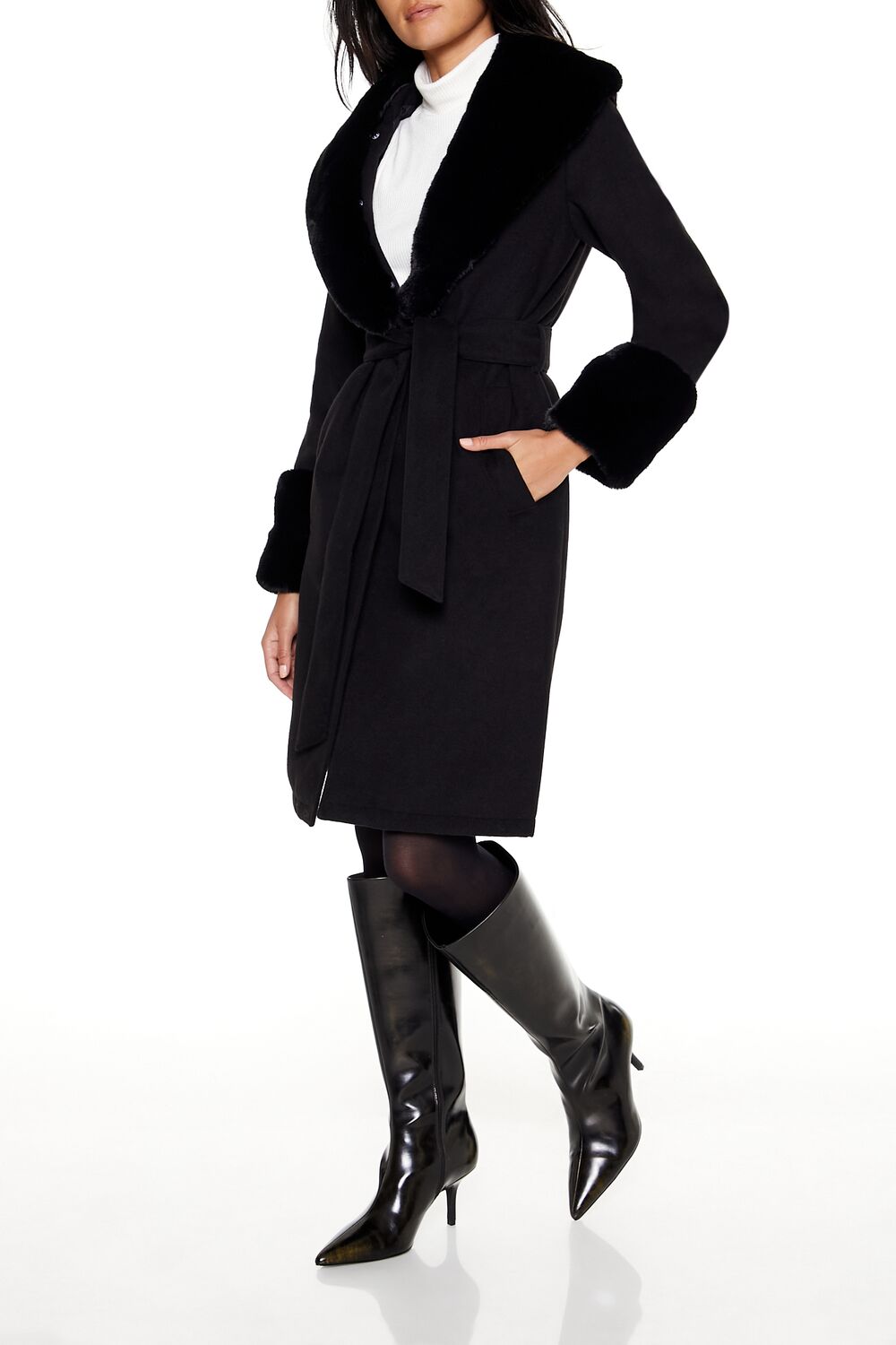 Faux Fur-Trim Faux Suede Wrap Coat