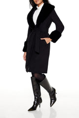Faux Fur-Trim Faux Suede Wrap Coat