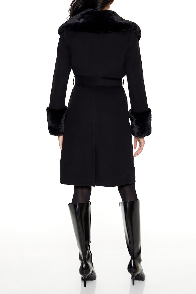 Faux Fur-Trim Faux Suede Wrap Coat