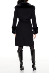 Faux Fur-Trim Faux Suede Wrap Coat