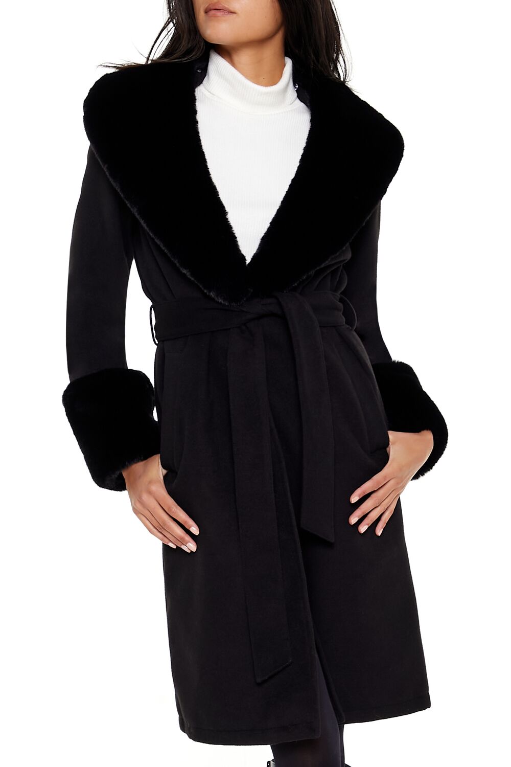 Faux Fur-Trim Faux Suede Wrap Coat
