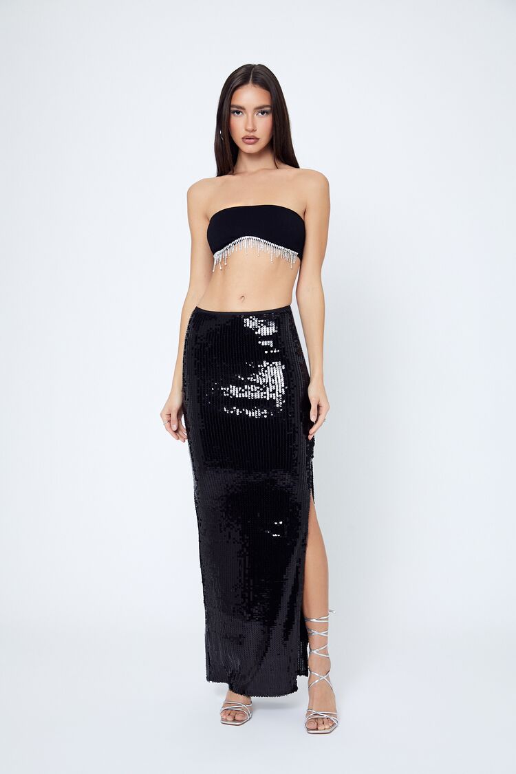 Sequin Leg-Slit Maxi Skirt