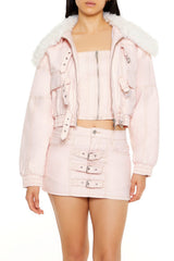 Strappy Faux Fur-Trim Denim Bomber Jacket