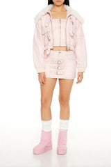 Strappy Faux Fur-Trim Denim Bomber Jacket