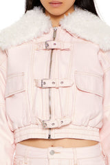 Strappy Faux Fur-Trim Denim Bomber Jacket
